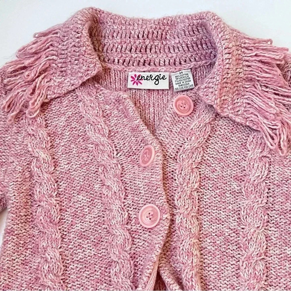 Y2K Vintage Energie Pink Fringe Chunky Button Sweater Open Cardigan Women’s M - Picture 5 of 16